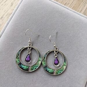 Silver Abalone Drop Earrings with Purple Accents